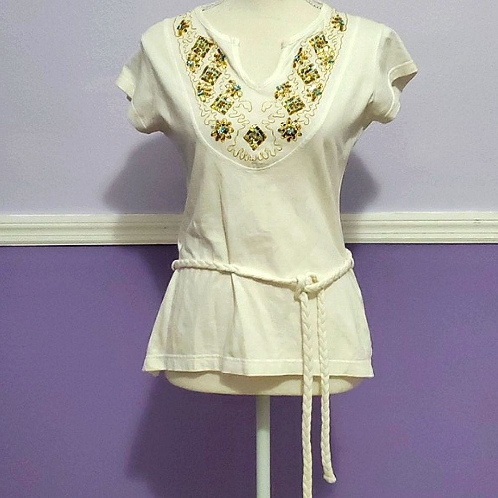 Red Paint White Sequined Y2K Retro Hippie Waist Tie Knit Top M